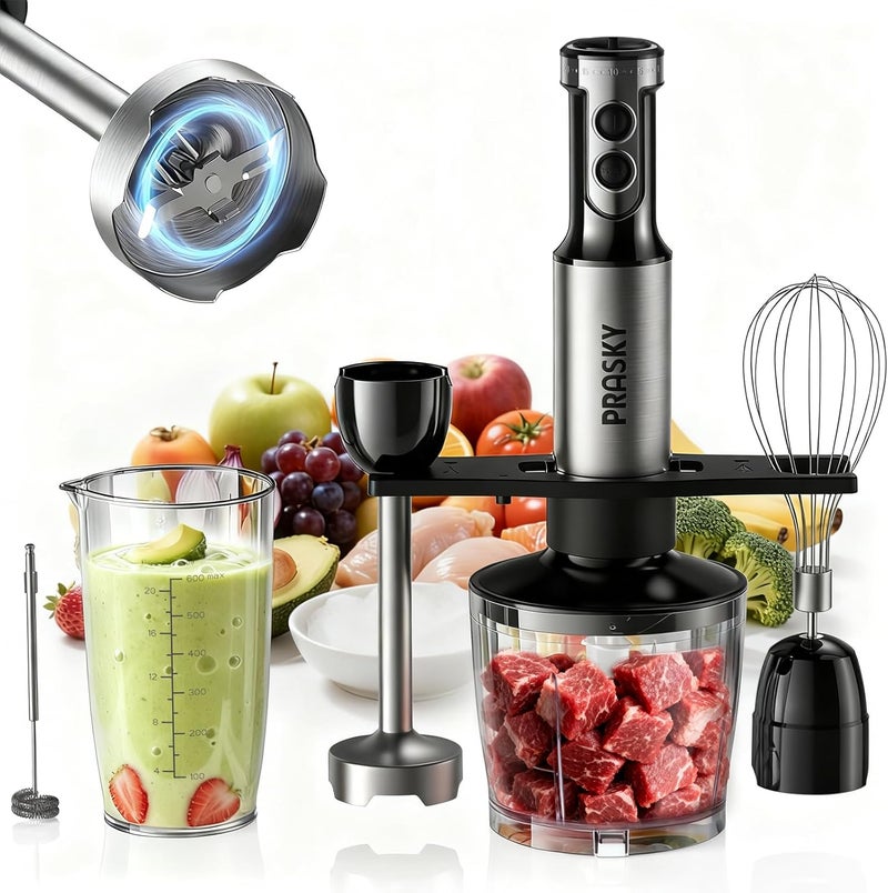 Prasky Immersion Blender Handheld Hand Blenders, 20 Speed & Turbo Mode Hand Held Blender, Heaviest Duty Copper Motor, Stainless Steel Blades, Milk Frother Wand, Whisk, 600ml Beaker, 500ml Chopper (Black) - Image 1
